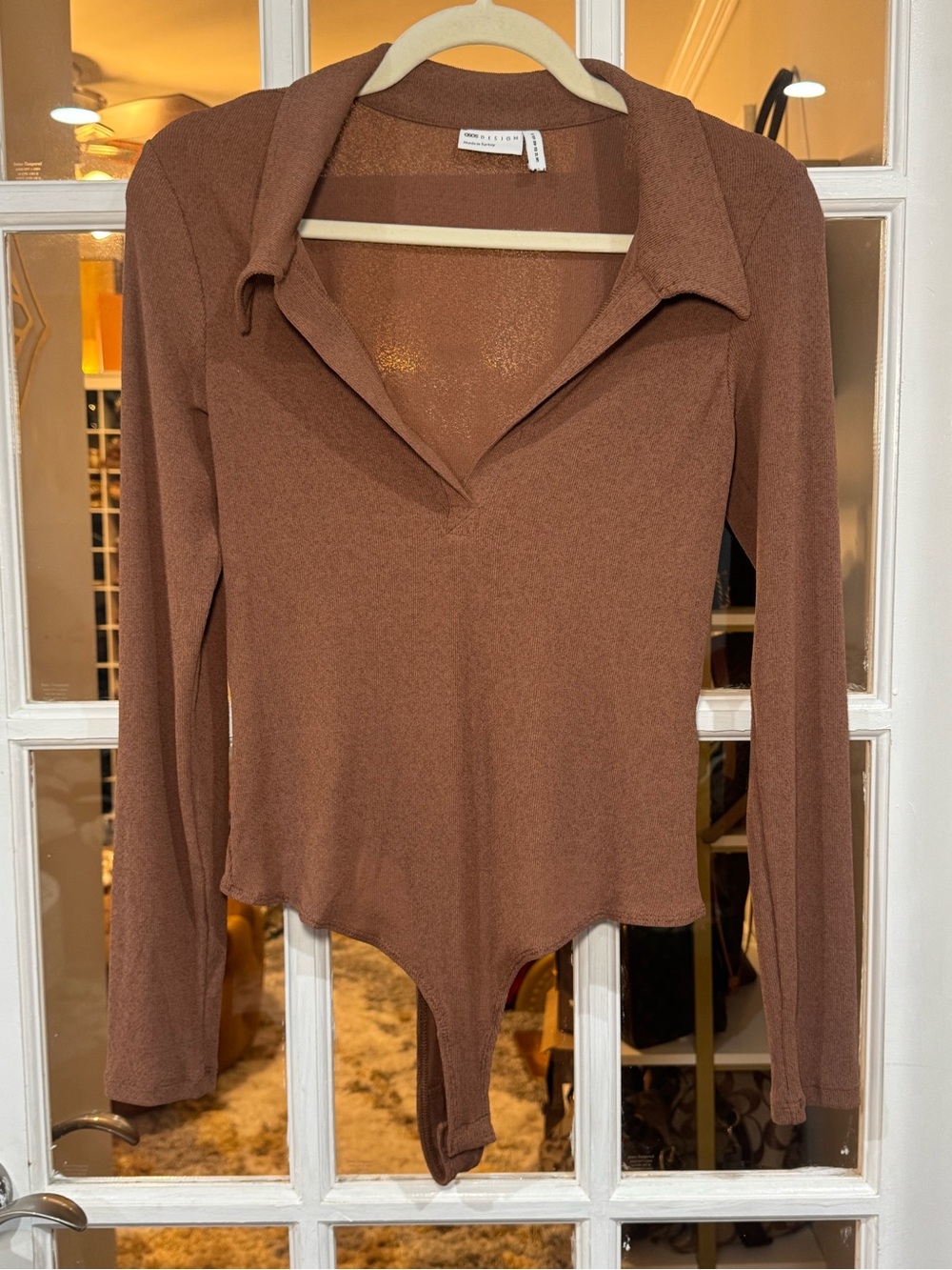 ASOS Brown Long-Sleeve Collared V-Neck Bodysuit BRAND NEW